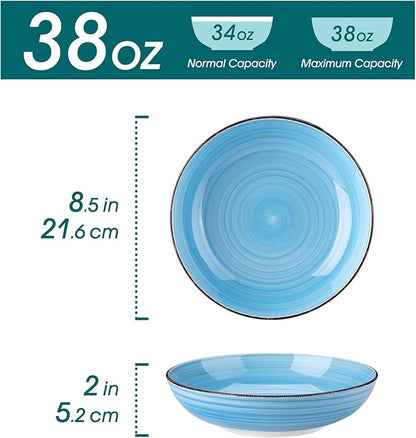 vancasso Bonita Pasta Bowls Set of 6, 38 oz Shallow Bowls, 8.5 Inch Ceramic Pasta Plates and Salad Bowls, Microwave & Dishwasher Safe Serving Bowls, Blue