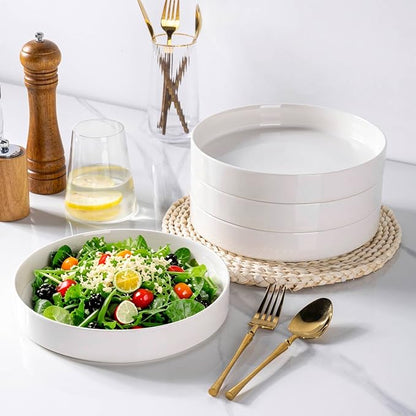 LERATIO Pasta Bowls Set of 4,30 Oz Ceramic Large Salad Bowls,Stackable,Wide Modern Porcelain Bowls for Pasta,Salad,Fruit,Bread,Microwave & Oven & Dishwasher Safe Shallow- White