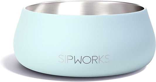 Sipworks Stainless Steel Dog Bowl – 32oz Weighted Metal Food and Water Bowls for Dogs and Cats with Non-Slip Base - Pet Bowls for All Breeds Sizes for Travel & Outdoor Play | Light Cyan