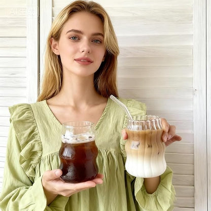 2 Pcs Ribbed Glass Cups, 18 Oz Vintage Drinking Glassware with Wave Shape Design, Bubble Cups for Iced Coffee, Juice, Beverage, Milk, Cocktails, Bubble Tea, and More