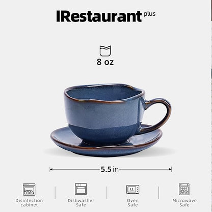Organic Shape Highland Ceramic Coffee Cup and Saucer, 24pcs 8oz Handmade Reactive Glaze Stoneware Cup and Saucer with Wavy Edge, for Kitchen, Microwave & Dishwasher Safe, Scratch Resistant-Blue
