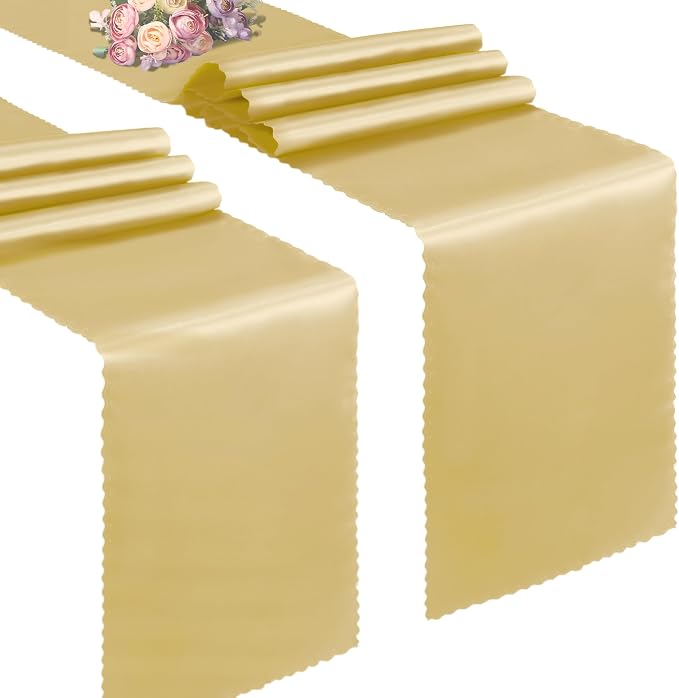 VACVELT Gold Satin Table Runners, 12x72 Inch, 2 Pack, Scalloped Edge | Silky by VACVELT