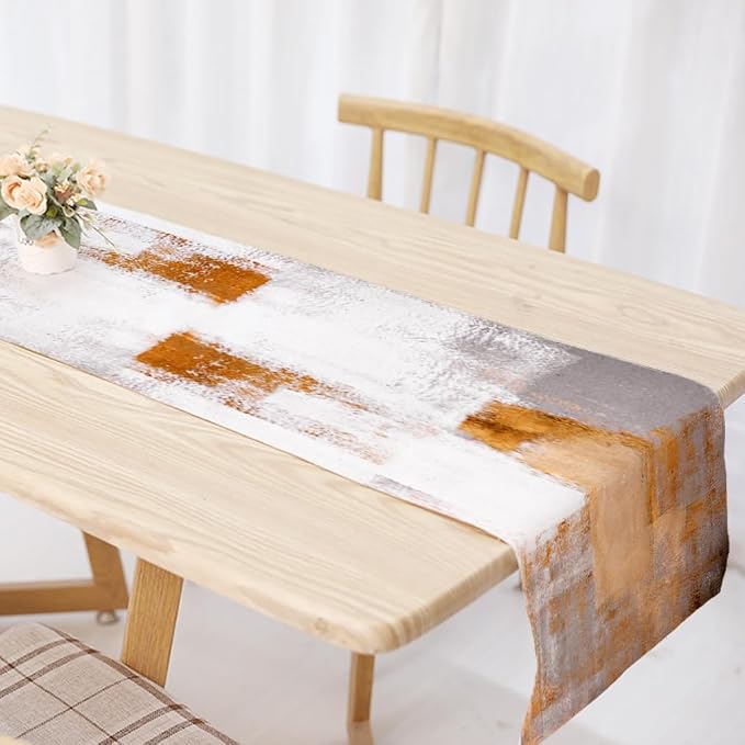OYIMUA Orange and White Abstract Modern Table Runner, Art Rustic Kitchen Dining - Image 3