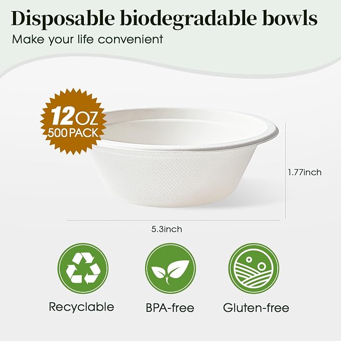 500 Pack 12 oz Paper Bowls Disposable, Compostable Bowls, Biodegradable - Image 2