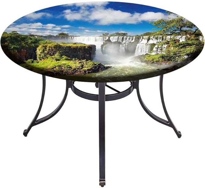 Round Edge Closing Tablecloth, Landscape Elastic Edged Tablecloth, Majestic Waterfall River Argentinean Falls Natural, Fit Round Tables 56inch Diameter, for Indoor Outdoor Fits, Multi