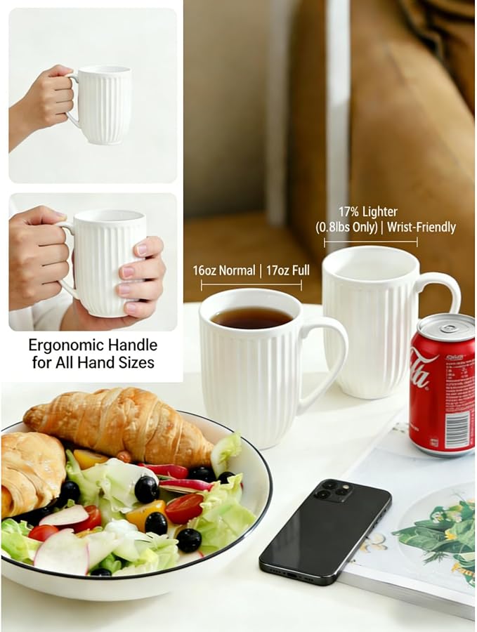 HASENSE Textured Large Coffee Mugs Set of 4, 16 Oz Ribbed Ceramic Cups - Image 9