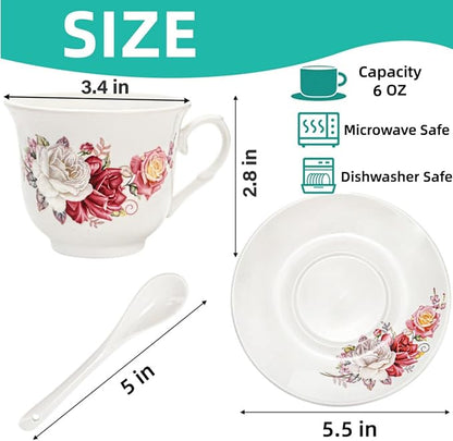 WRINGKIT Tea Cups and Saucers Set of 6, 6 Oz Porcelain Floral Tea Cups - Image 2