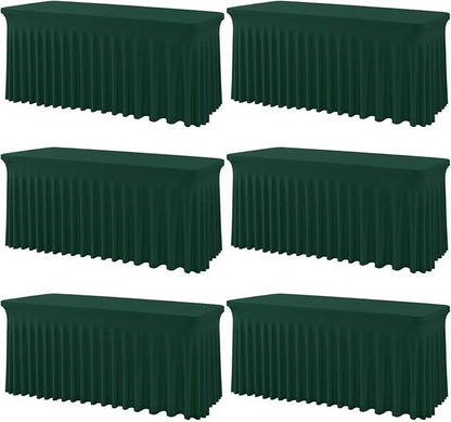 6 Pack Dark Green Rectangle Tablecloth with Elastic Table Skirt – 6FT Fitted Spandex Table Cover, 72 Inch Wrinkle-Resistant & Stretchable for Christmas Party Banquet Buffet Restaurant