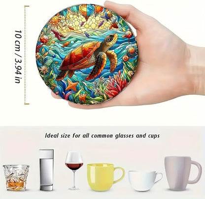 Coasters Set of 8, Wood Coasters for Drinks - Handcrafted Turtle Design Thick Heat-Resistant for Beer, Coffee, Office, Bar, Farmhouse Home Decor, Tabletop Protection, for All Cups