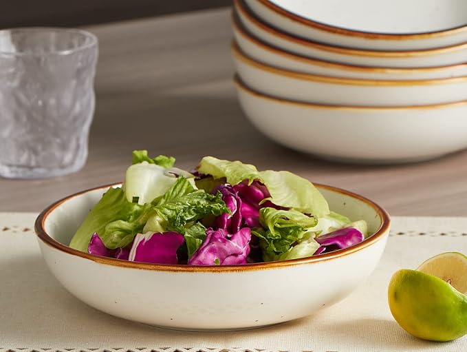 ONEMORE 30 Oz Porcelain Salad Pasta Bowls, Shallow & Wide Bowls Plates Set of 6 - Image 3