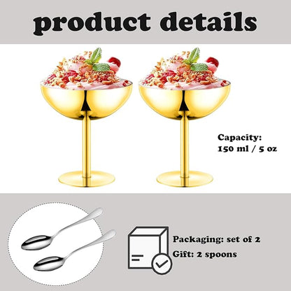 Ice Cream Bowls Stainless Steel Dessert Cups with Spoons Reusable Footed Sundae Cups Ice Cream Cups for Dessert, Frozen Yogurt, Gelato, Birthday Party Decorations (2, Glod)