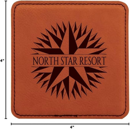 Custom Engraved Coasters | Personalized Leather Coaster | Set of 6 | Drink Coasters with Holder | Laser Engraved | Tabletop Protection | Gift for Couples (Square 4" x 4", Rawhide w/Black)