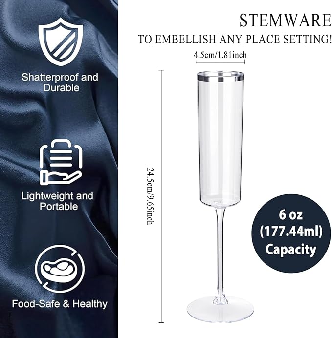 Ciaell 24 Pack Silver Plastic Champagne Flutes - Image 6