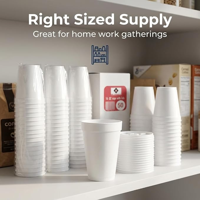 16 OZ Foam Cups With Lids for Hot & Cold Drinks, USA-Made 50-Pack.Ideal - Image 3