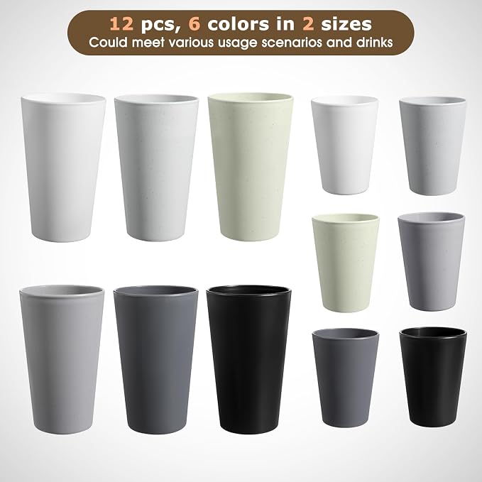 HEYCOME Set of 12 Wheat Straw Cups, Reusable Plastic Cups Sets, Water Glasses - Image 3
