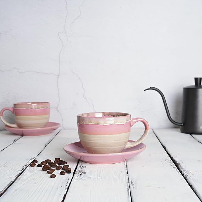 Bosmarlin Ceramic Cappuccino Cup and Saucer Set of 2, 10 Oz, Coffee Cups - Image 4