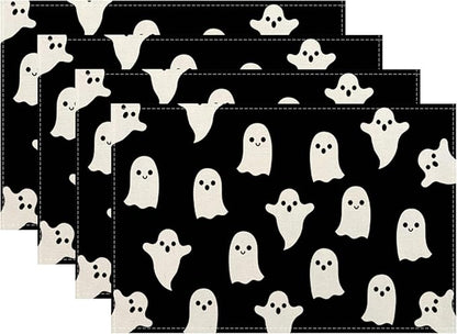 Halloween Placemats 12x18 Inches Set of 4,Black Beige Ghost Decorative Rectangle Autumn Halloween Decoration Black Ghost Table Mats for Party,Home Kitchen,Dining Table Decor