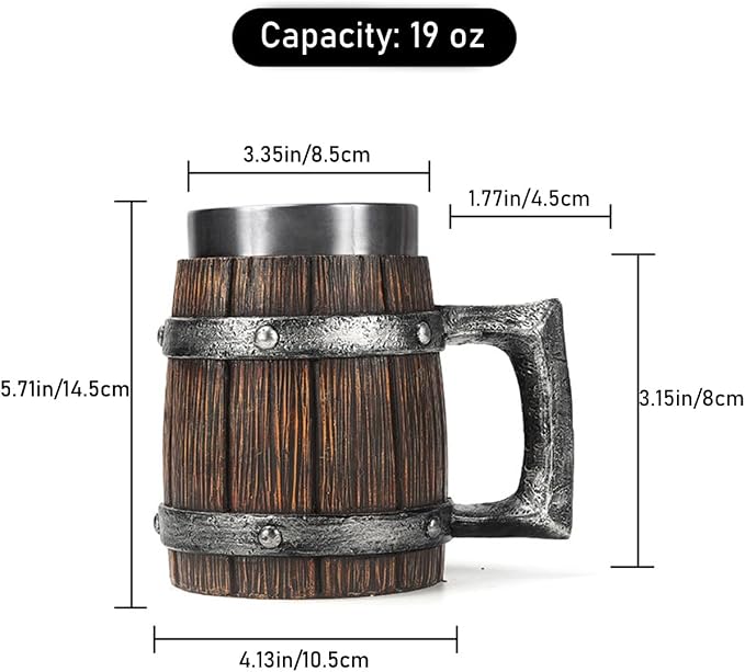 Nordic Viking Mug, pirate Beer Cup, Wooden Barrel Beer Mug Stainless Steel Liner - Image 6