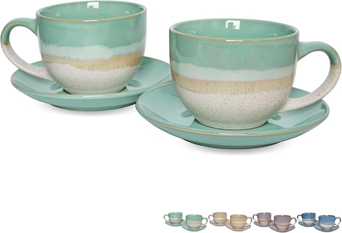 Bosmarlin Ceramic Cappuccino Cup and Saucer Set of 2, 10 Oz, Coffee Cups by Bosmarlin