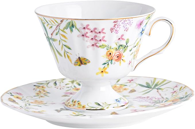 fanquare 5 oz Yellow Spring Floral Porcelain Tea Cup and Saucer | Wildflowers by fanquare