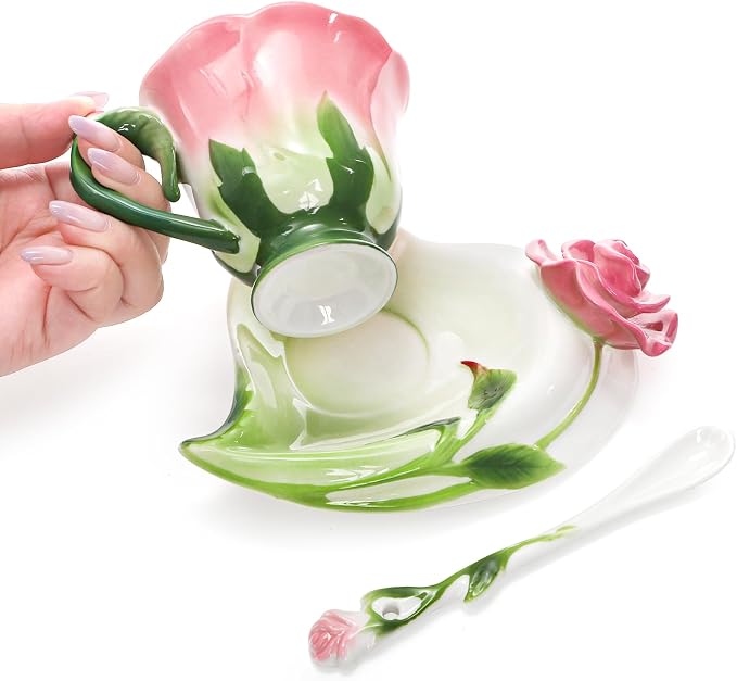 Cididu Pink Tea Cups with Saucer and Spoon, 4.5 Oz Small Ceramic Rose Flower - Image 4