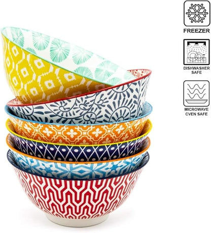 KitchenTour Ceramic Bowls Set - 10 oz Serving Bowls For Kitchen - Cereal, Ice Cream, Soup, Salad, Rice, Dessert Ceramic Bowls - Assorted Colorful Set of 6 - Microwave Dishwasher Safe - 5 Inch