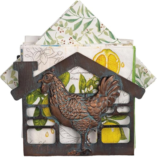 Metal Rooster Napkin Holder for Table,Rustic Farmhouse Napkin Holders for Paper Napkins,Antique Copper Tusse Napkins Stand Tabletop Dispenser with Non-Slip for Kitchen Dining Room Coffee Shop Bar