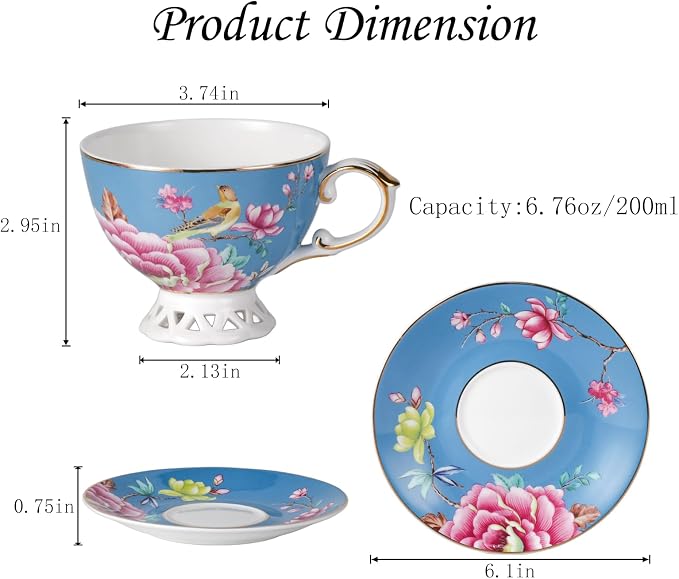 KAMMAK Tea Cups and Saucers Set of 2, Fine Bone China Coffee Cups, GH019 | - Image 3