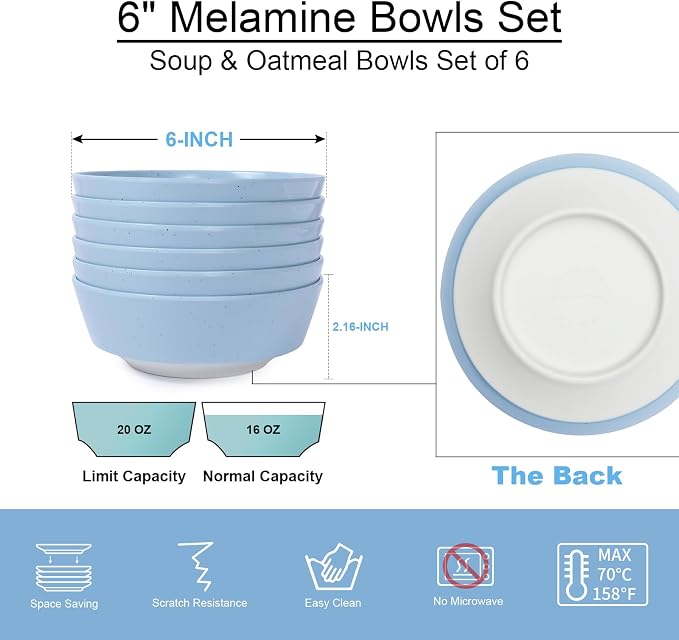 Webbylee 6-inch Melamine Bowls set of 6-20-ounce Dinnerware Cereal Bowls - Image 2