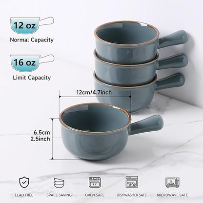 MONITO 16 Oz French Onion Soup Bowls, Ceramic Soup Bowls with Handles, Stackable Soup Crocks Oven Safe for Chili, Beef Stew, Cereal,Casseroles Microwave & Dishwasher Safe, Set of 4, Dusty Blue