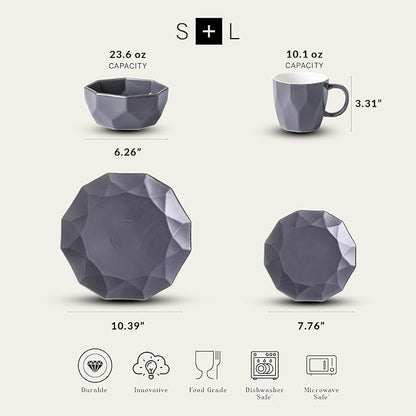 Stone + Lain Jamie Porcelain 16-Piece Geometric Dinnerware Set, Grey