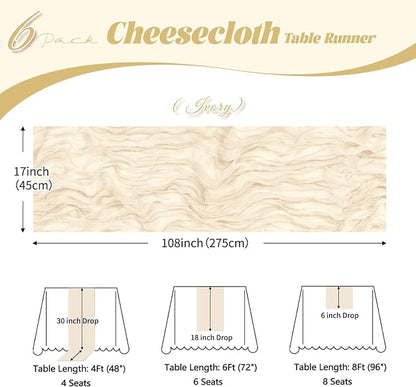 6 Pack Ivory Cheesecloth Table Runner, 17 x 108 inch, Semi Sheer Boho Cheese - Image 3