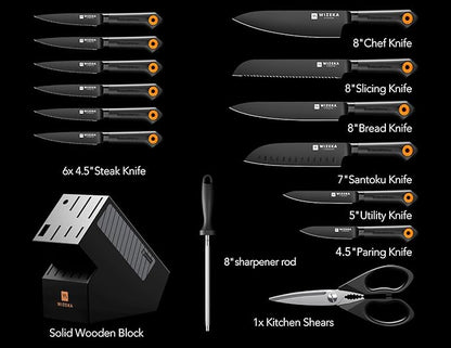 WIZEKA Kitchen Knife Block Set: 15 Pieces Dishwasher Safe Knives Set for Kitchen, Ultra Sharp Black Knife Set With Sharpener, Non-Slip Handle, Anti-Rust Coating, Dark Vision Series