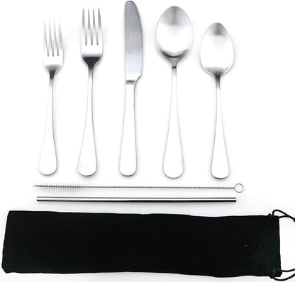 JASHII Modern Royal 5 Pcs Matte Silver 18/10 Stainless Steel Utensils Cutlery Dinnerware Set w/Drinking Straw, Knife Fork and Spoon Flatware Set for Wedding Festival Christmas Party Service for 1