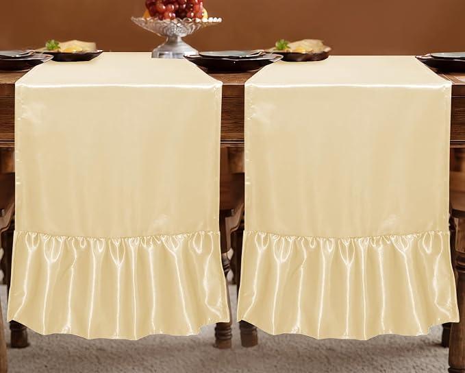 2 Pack Beige Satin Table Runner 12 x 108 Inch | Ruffle Design, Luxurious Dining - Image 3
