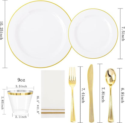 SUT 700Pcs Disposable Dinnerware Set for 100 Guests, White and Gold Plastic Plates, Party Plates and Cups and Napkins Sets, plates and Napkins Party Supplies, Gold plastic Silverware for Party Wedding