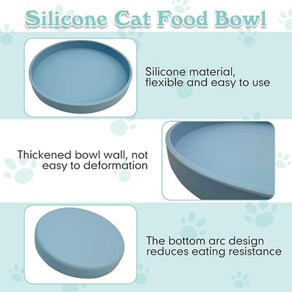 Silicone Dog Bowl Shallow Cat Food Bowls 7" Wide Puppy Plates Whisker Fatigue Pet Feeding Dishes Set of 2 for Dry and Wet Food Indoor (Round Blue)