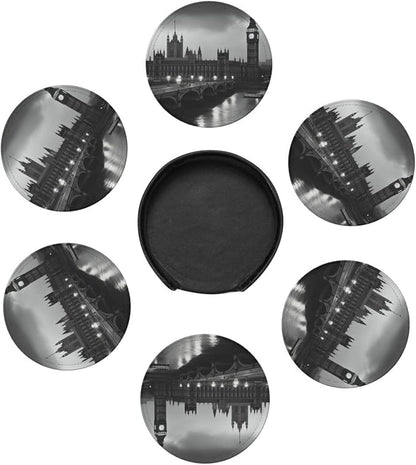 6Pcs PU Leather Coaster for Drinks, London Cup Coasters - Image 7