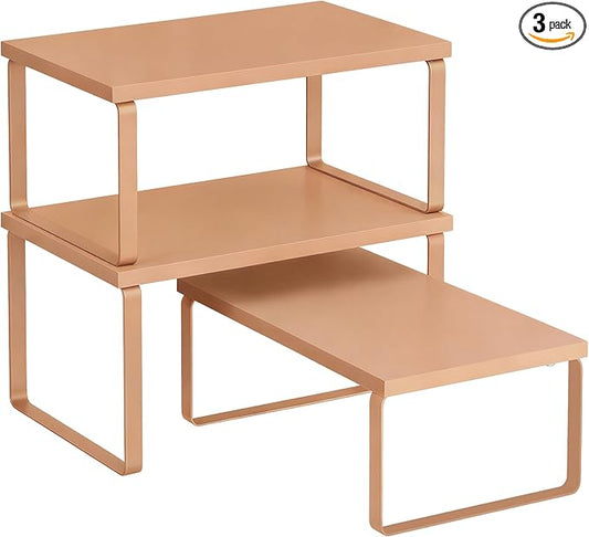 SONGMICS Cabinet Organizer Shelf, Set of 3 Kitchen Counter Shelves, Kitchen Storage, Spice Rack, Stackable, Expandable, Apricot UKCS220Y01V1