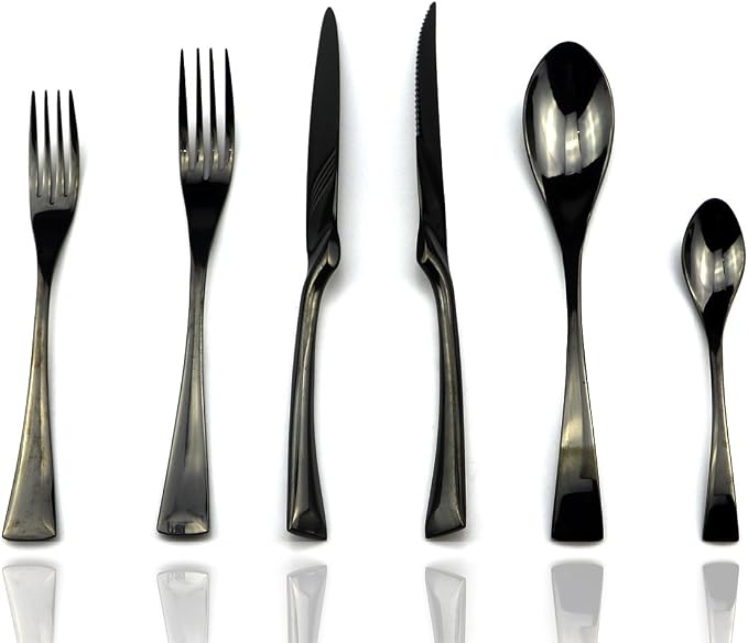 JASHII 18/10 Stainless Steel 24 Piece Mirror Polished Black Flatware Set by JASHII