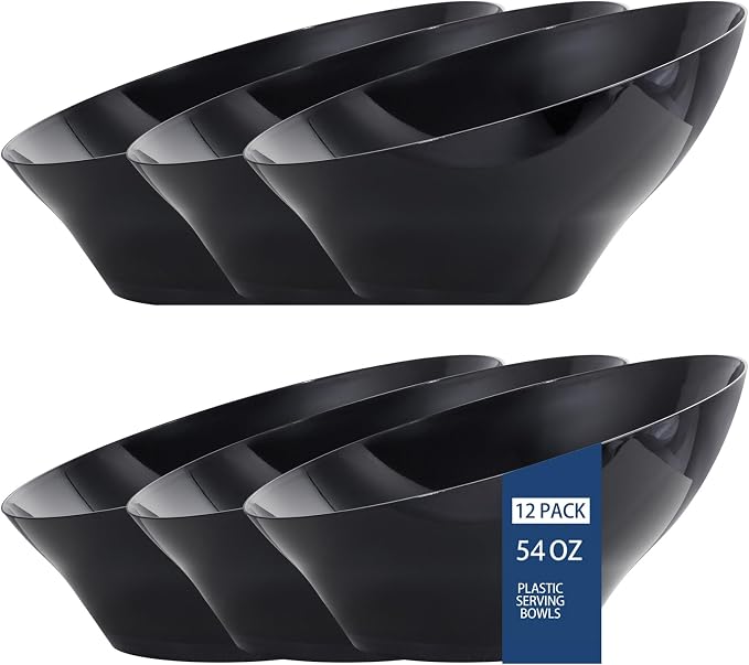 bUCLA 12 Pack Black Plastic Serving Bowls - 54 OZ Angled Bowls Disposable by BUCLA