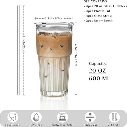 INSETLAN 20 oz Clear Glass Tumbler Set with Lids and Straws – 4-Pack Iced Coffee Cups with Glass Straws & Brushes, Reusable Drinking Glasses for Smoothies, Tea, Juice, Beer, Cold Beverages