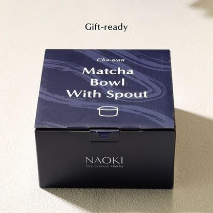 Naoki Matcha Traditional Ceramic Chawan Matcha Tea Bowl with Pour Spout Set - Hand Made Ceramic with Black Matte Glaze - For Perfectly Whisked Matcha Green Tea (18 Ounce)