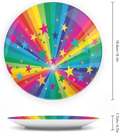 Ceramic Plates, Abstract Decor Decorative Ceramic Plates, Abstract Rainbow and Stars Confetti Rays Striped, 10 Inch, Household Plates Decorative, Multy