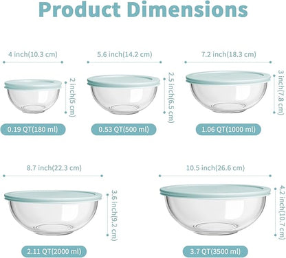WhiteRhino Glass Mixing Bowl with Lids Set of 5, 0.2, 0.5, 1.1, 2.1, 3.75 QT, Large Salad Bowls with BPA-Free Lids, Space-Saving Nesting Bowls for Kitchen Food Storage, Glass bowl for Cooking, Baking