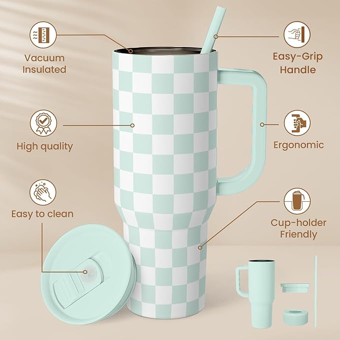 Checkered Tumbler with Handle 40oz, Mint Checker Cup Stainless Steel Insulated - Image 2