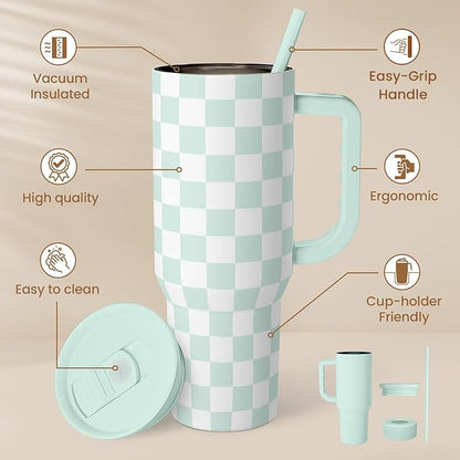 Checkered Tumbler with Handle 40oz, Mint Checker Cup Stainless Steel Insulated - Image 2