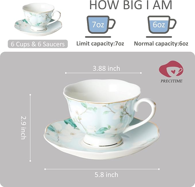 6oz Porcelain Tea Cup & Saucer Set of 6, complete 12-pieces cup & saucer set - Image 2