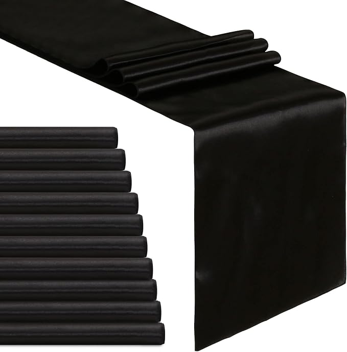 Black Satin Table Runners 10 Pack 12x108 inch Silk Smooth Fabric | Bright Satin by B-COOL