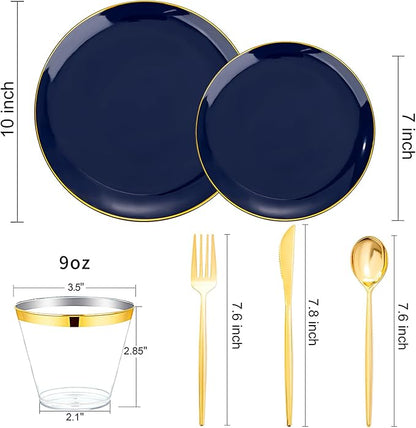 bUCLA 150PCS Blue and Gold Plastic Plates - 25 Guests Navy Blue Plastic Dinnerware Disposable for Party and Hanukkah - Include 25 Dinner/Dessert Plates, 25 Knives, 25 Forks, 25 Spoons, 25 Cups
